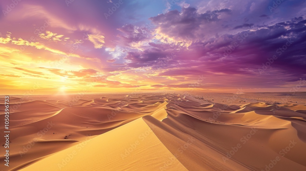 Aufkleber a sweeping view of the vast sahara desert with endless golden sand dunes and a dramatic sunset sky, 