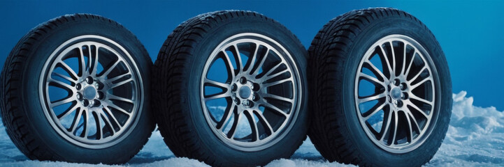 Obraz premium Winter tires and wheels layout on blue background