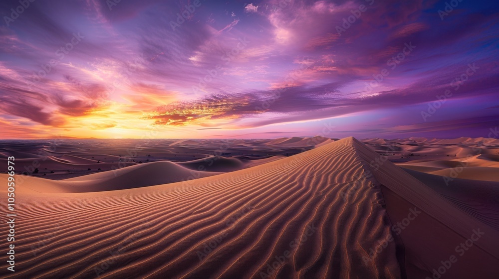 Poster a sweeping view of the vast sahara desert with endless golden sand dunes and a dramatic sunset sky, 