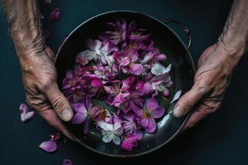Obraz premium A person holding a pan filled with vibrant purple flowers, perfect for springtime or Easter-themed projects