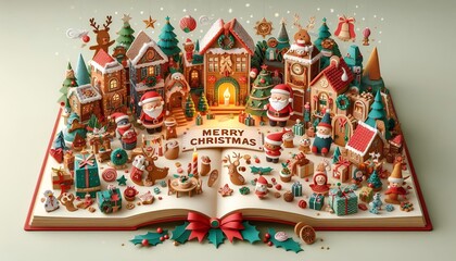 Naklejka premium Christmas card : story book with Santa Claus, Christmas trees, snowman, reindeers, bells, stockings, ornaments, snowflakes, snowy village, gifts,