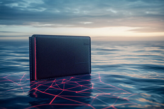 A secure digital wallet floating in cyberspace, surrounded by layers of encryption and security protocols, safeguarding the user's cryptocurrency holdings.