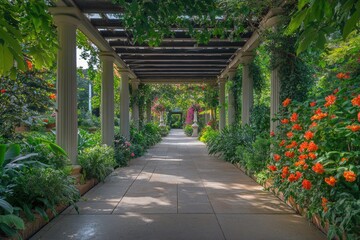 Obraz premium A beautiful floral walkway surrounded by lush greenery and vibrant blooms