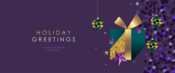 Merry Christmas and Happy New Year 2025. Elegant holiday greeting card with deep purple background, gold gift box, decorative ornaments and twinkling stars, perfect for corporate holiday messages.