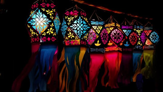 Series of colourful aakash kandil lights displayed in Pune city area, during Diwali Festival.