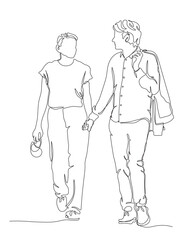 Couple holding hands and walking, looking at each other. Continuous line drawing. Black and white vector illustration in line art style.