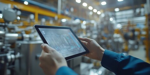 Innovative industrial control idea. Tablet being held in hands against a blurry automation machine. Generative AI