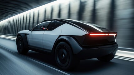 Fototapeta premium Futuristic Electric SUV Speeding Through Tunnel at Night with LED Lights