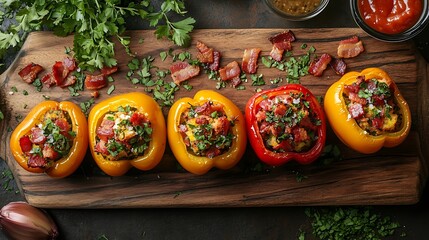 Fototapeta premium A creative flat lay of stuffed mini bell peppers, arranged on a wooden board with small bowls of dipping sauces, herbs, and bacon bits scattered around,