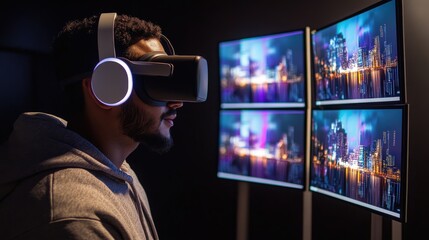 Employee Using VR Headset with Multiple Screens