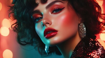 Fototapeta premium Beauty portrait of a woman with glamorous makeup and shiny earrings, captured in vibrant lighting with a soft bokeh effect in a studio setting at night