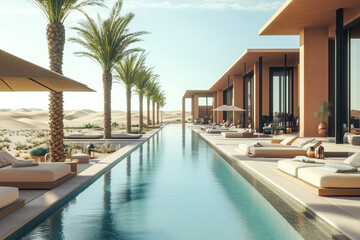 Fototapeta premium A serene desert oasis with palm trees and a shimmering pool of water.