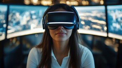 Innovative Employee Using VR Headset in Modern Workspace