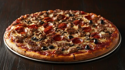 Delicious Meat and Pepperoni Pizza on a Wooden Table