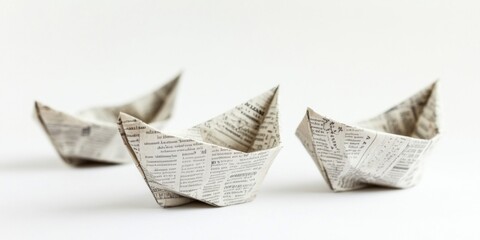 A charming trio of origami paper boats made from pages of an old newspaper. These unique crafts symbolize creativity and nostalgia. Perfect for artistic projects or themed decor. AI