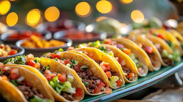 A lively party buffet table showcasing mini tacos with beef, lettuce, cheese, and salsa, displayed on a vibrant ceramic platter, surrounded by small bowls of toppings,