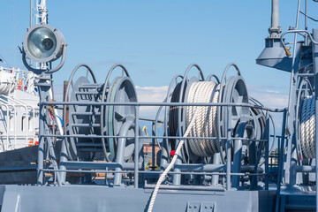 maritime background, fragment of a modern ship, various equipment on the deck