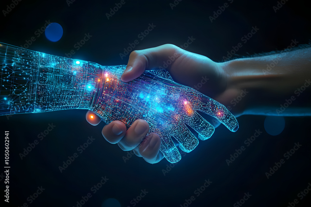 Canvas Prints hand shaking between human and digital hand, integration between human and artificial intelligence.