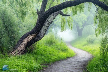 Naklejka premium A serene and peaceful forest path surrounded by lush green trees