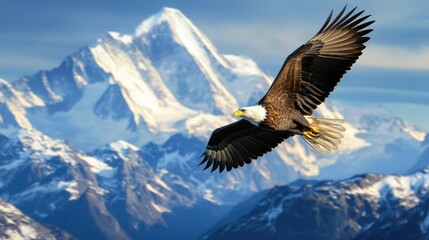 A bald eagle soars gracefully through the clear blue sky, surrounded by towering snow-capped mountains in a remarkable display of nature's beauty during a sunny day