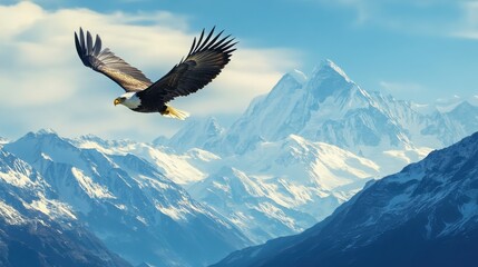 A majestic eagle soars over snow-capped mountains under a clear sky, capturing the beauty of nature during the early morning light in a remote wilderness