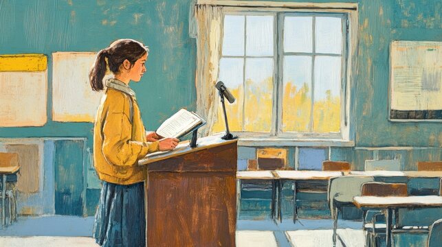 A charismatic student takes initiative at the classroom podium, standing tall with determination, engaging peers with fresh perspectives amid a vibrant learning environment