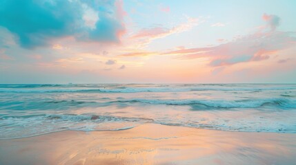 Obraz premium A tranquil beach at sunset with pastel-colored skies and gentle waves, Coastal setting with serene ambiance, Pastel style