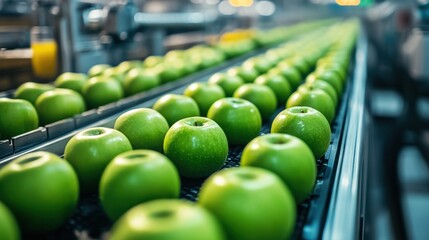Freshly harvested green apples being sorted and packaged in a processing facility during daylight hours in a modern agricultural setup