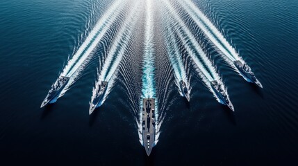 Aerial view of multiple naval boats creating a striking wake pattern during a coordinated drill on calm waters in broad daylight