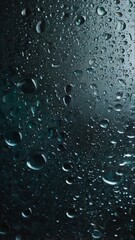 rain-soaked window glistens with tiny droplets cascading down its surface, blurring the view of a distant streetlight, which casts a warm, golden glow amidst the gloomy, overcast evening