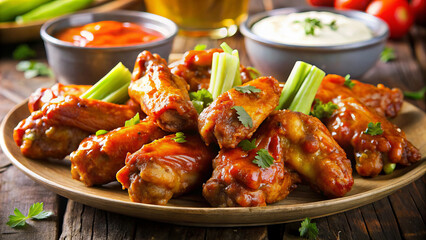 Fototapeta premium Delicious chicken wings covered in hot sauce, served with celery sticks