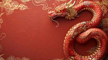 Fototapeta premium gold snake with red accents, symbolizing Chinese New Year 2025 . ai generated
