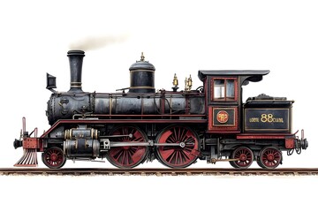 Naklejka premium Vintage 1880s Steam Locomotive with Intricate Mechanical Details in Black and Red Color Scheme