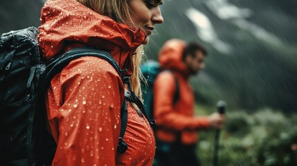 Two hikers wearing bright rain jackets trek through a lush green trail while rain softly falls in a mountainous region during a cloudy day