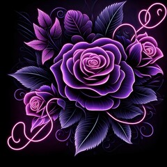 검은 배경, 보라색 장미, 네온사인 아트 (Black background, purple rose, neon sign art)