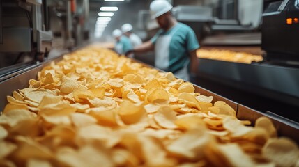 Workers process crisp potato chips on a production line in a factory during daylight hours, showcasing the meticulous attention to detail in food manufacturing