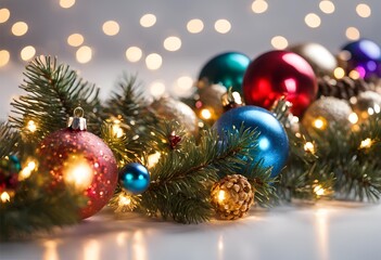 Obraz premium Festive Christmas branches border adorned with holiday decorations, isolated on a white background, perfect for seasonal designs and cheerful holiday decor.