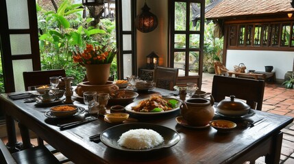 Fototapeta premium Traditional Dining Table with Asian Cuisine Displayed