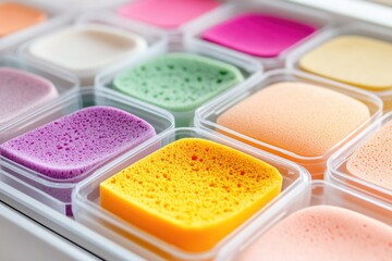 Naklejka premium A close-up view of a tray filled with vibrant, colorful sponges