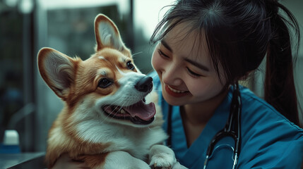 A veterinarian joyfully interacts with a corgi during a routine check-up in a cozy clinic setting