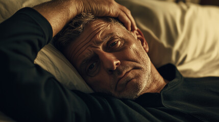 Fototapeta premium A man lying in bed looks contemplative and troubled during the night, reflecting on his thoughts and emotions in a quiet room