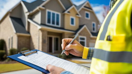 Close-up of a worker in a yellow vest writing on a clipboard while inspecting the exterior of a house