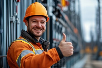 A confident worker in an orange safety suit gives a thumbs-up while standing by electrical equipment at an industrial site under clear skies