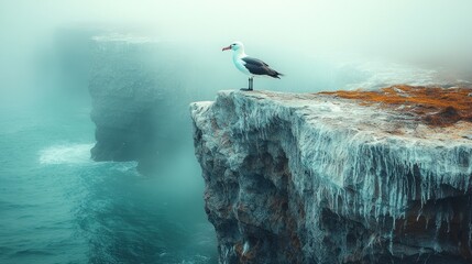 A lone seagull stands on a cliff overlooking a misty ocean.