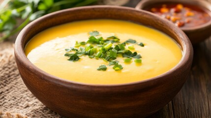 Creamy yellow soup in wood bowl with green garnish