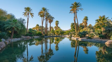 Obraz premium A tranquil desert oasis with palm trees and a serene reflecting pool, peaceful setting with warm tones, Desert style