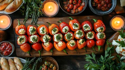 A stylish appetizer table featuring stuffed mini bell peppers, filled with cream cheese and herbs, arranged on a rustic wooden board, surrounded by dipping sauces and garnishes,