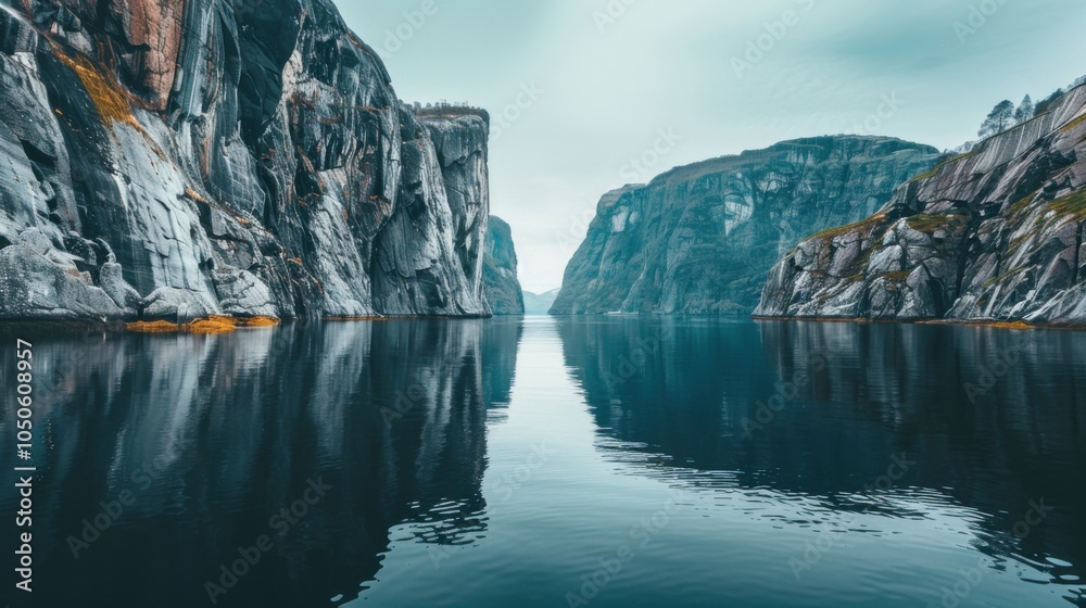 Poster a tranquil fjord with calm, reflective waters and steep, towering cliffs