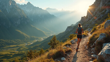 Trail running in the mountains, 16:9 widescreen, 300 dpi, with free space for text