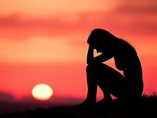 A silhouette of a woman sitting in contemplation against a stunning sunset, embodying emotions of solitude and introspection.